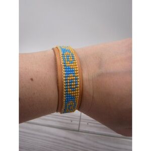 Loom Beaded Bracelet Teal & Tan Wave on Leather